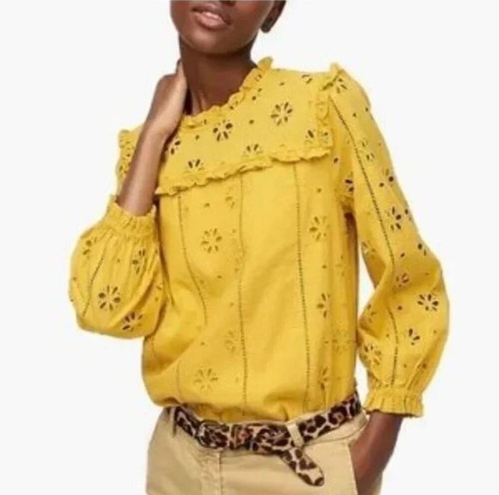 J.Crew Yellow Eyelet Ruffle Neck Blouse Cotton Boho Cottagecore Puff Sleeve M